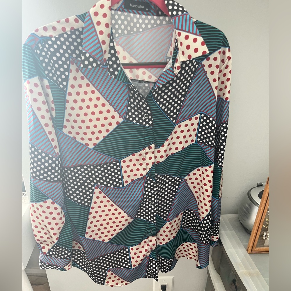 Long sleeve button down blouse - blue and red print
